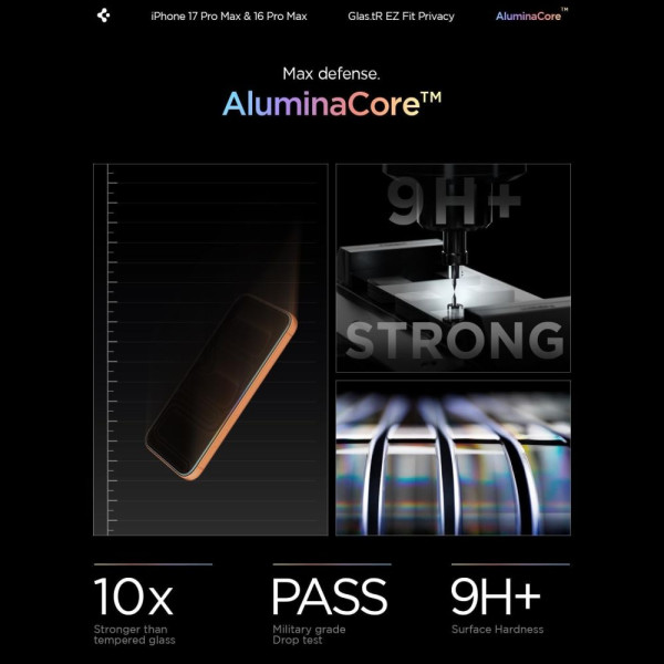Spigen Glas.tR EZ Fit Privacy Tempered Glass für iPhone 16 Pro Max / 17 Pro Max – 2 Stk. – Produktansicht