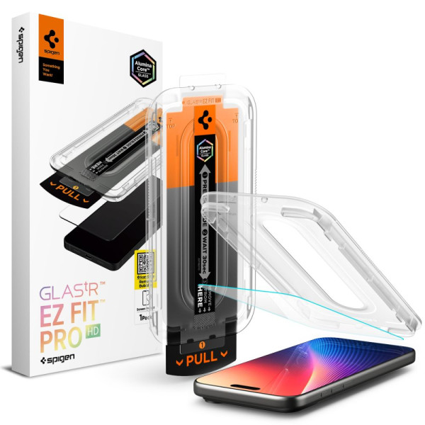 Spigen Glas.TR EZ Fit Pro Panzerglas für iPhone 16 Pro / 17 / 17 Pro – Transparent – Produktansicht