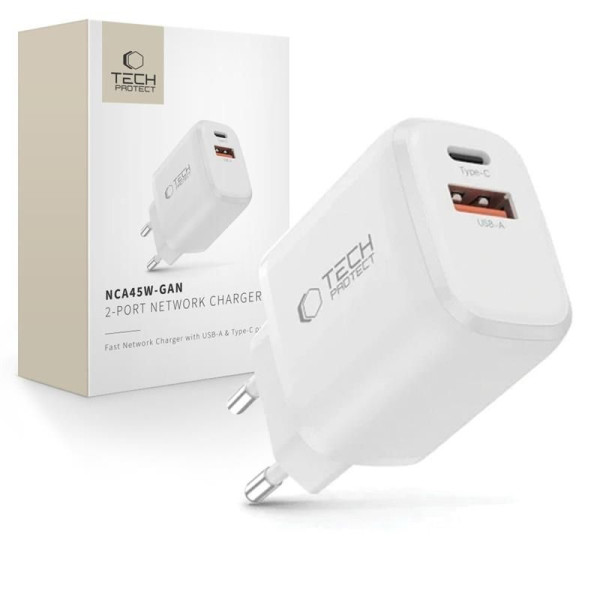 Tech-Protect NCA45W-GAN 2-Port USB-C / USB-A 45W Wandladegerät – Weiß – Produktansicht